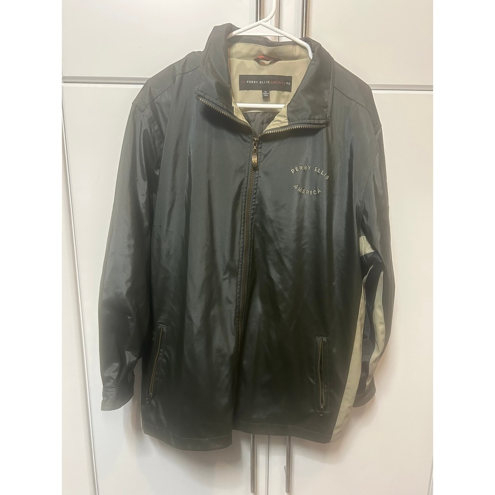 Perry Ellis America‎ Mens XL Black Full Zip Windbreaker Jacket Tan Contrast Logo